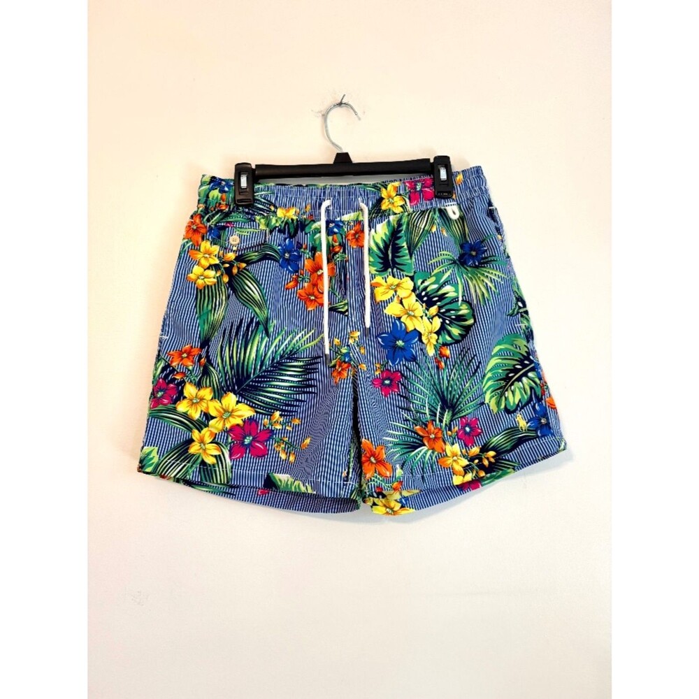 POLO Ralph Lauren Blue White Stripe Tropical Floral Swim Trunks 6" Inseam Size M